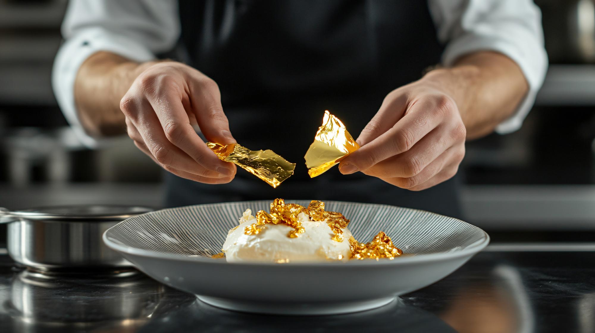 Chef preparing plated gourmet dish with gold accents